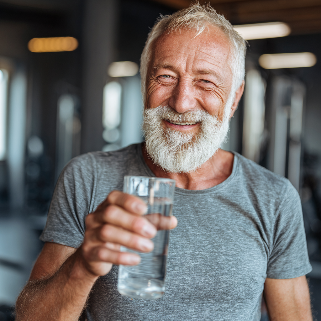 Smiling middle-aged Ukrainian man and woman in comfortable sportswear stretching together in a bright fitness studio, expressing joy and motivation